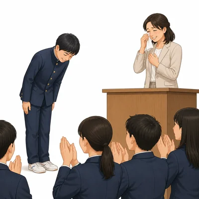 A smiling student bows as the audience applauds and a teacher wipes away tears.