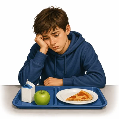 A student looks tired or upset at lunch, with uneaten pizza pushed away.