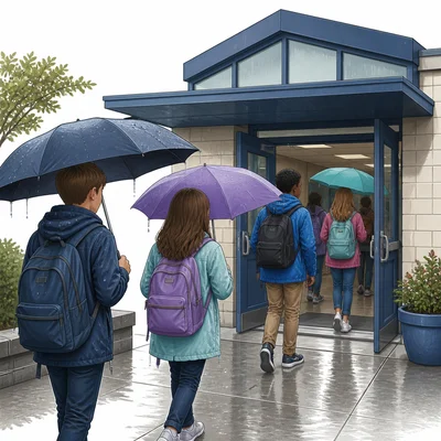 A wet school entrance with dripping umbrellas and rain-spotted jackets.