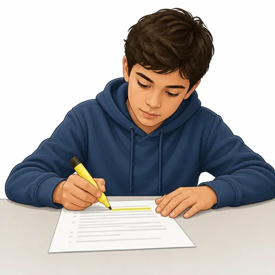 A focused student carefully underlines directions on a test.