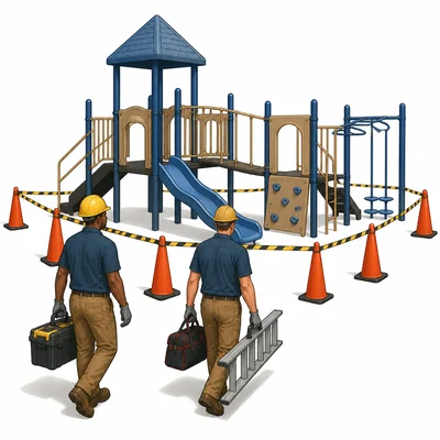 A playground is closed off with cones while workers carry repair tools.