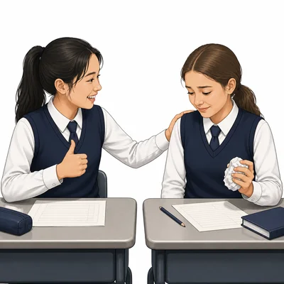 A student congratulates another but crumples her own score sheet.