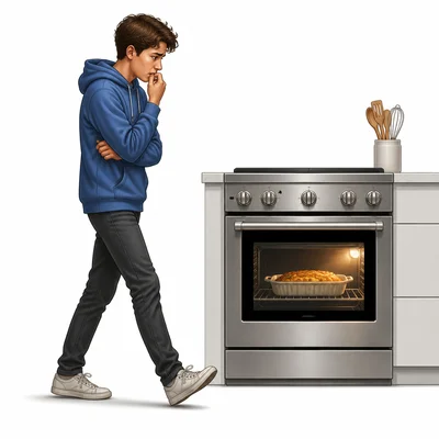A person anxiously paces near an oven while waiting for dinner.