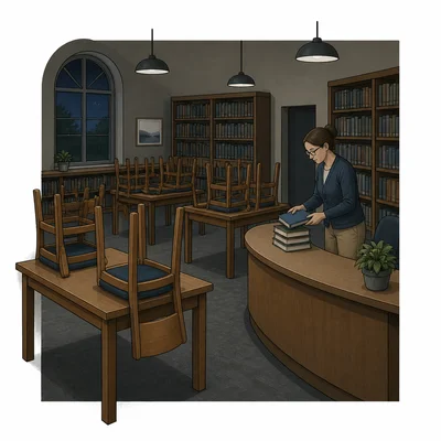 A dim library with chairs stacked on tables as a librarian closes up.