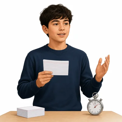 A student practices a presentation with note cards and a stopwatch.