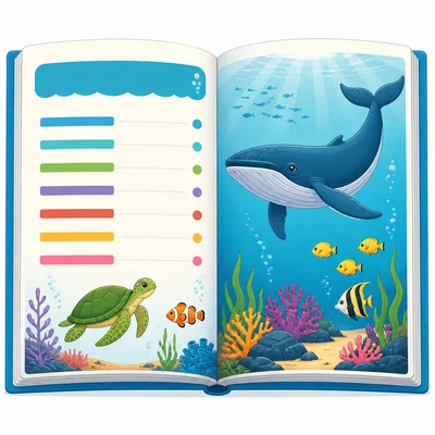 An open ocean animal book showing a table-of-contents style list.