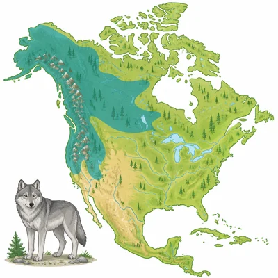 A map of North America with shaded areas showing wolf habitat.