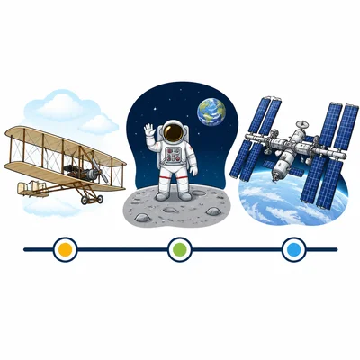 A timeline with icons for airplane flight, moon landing, and space station.