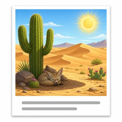 A desert picture with caption lines underneath.