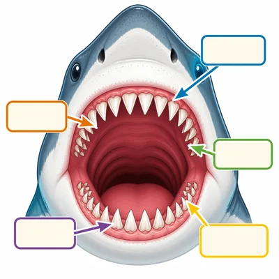 A labeled-style close-up diagram of shark teeth with arrows.