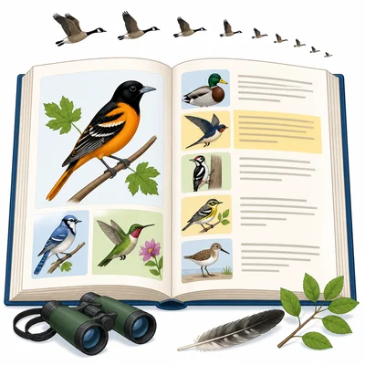 A glossary-style book page with flying birds to suggest migration.
