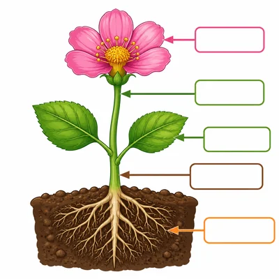 A flower diagram with arrows and blank labels pointing to its parts.