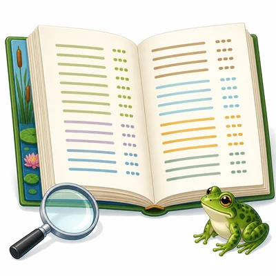 An index-style book page with a magnifying glass and frog icon.