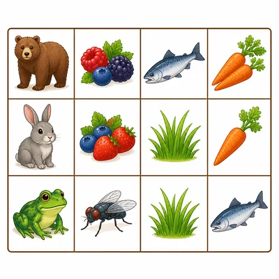 A chart matching animals with foods they eat.