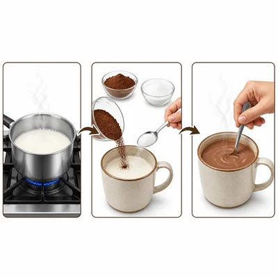 Three-step illustration showing milk being heated, cocoa and sugar added, and hot cocoa stirred smooth.