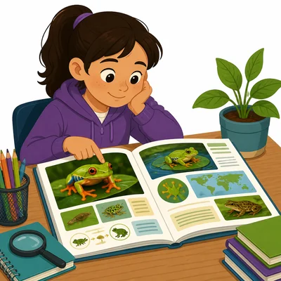 A student uses a nonfiction book with frog pictures and text features.