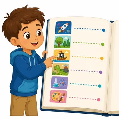 A child points to rows on a table of contents page.