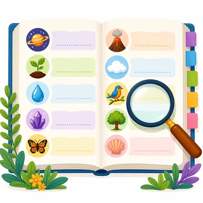 A glossary page with list entries and a magnifying glass.