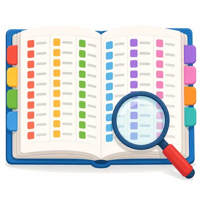 An index page with columns and a magnifying glass.