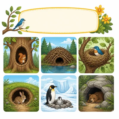 A book page with a heading area above pictures of animal homes.