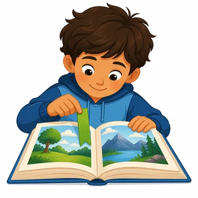A child finds a page in an open book using a page marker.
