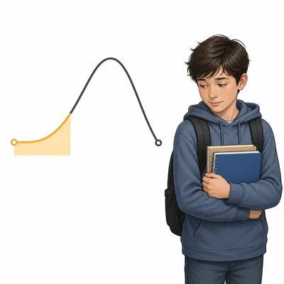 A plot arc with the beginning section highlighted beside a shy student at a school.