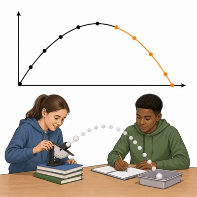 A plot arc with the falling section highlighted beside students setting up a science project.