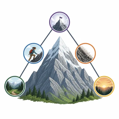 A five-part plot mountain organizer with icons for each stage of a story.