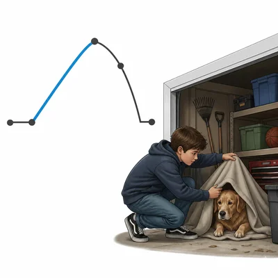 A plot arc with the rising section highlighted next to a student hiding a dog in a garage.