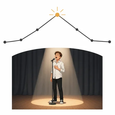 A plot arc with the peak highlighted above a student singing alone on stage.