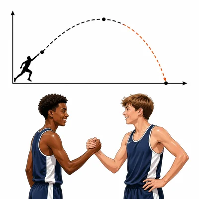 A plot arc with the falling section highlighted beside teammates making peace after a race.