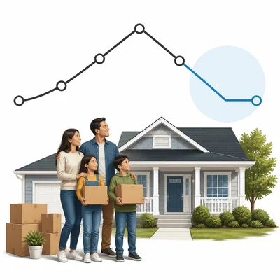 A plot arc with the ending section highlighted beside a family at a new home.