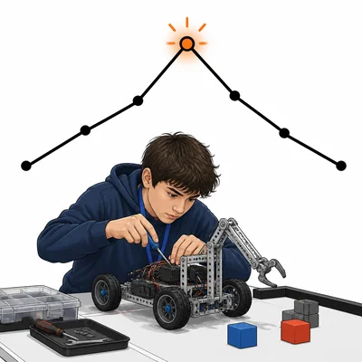 A student repairs a robot at a contest with the peak of a plot arc highlighted.