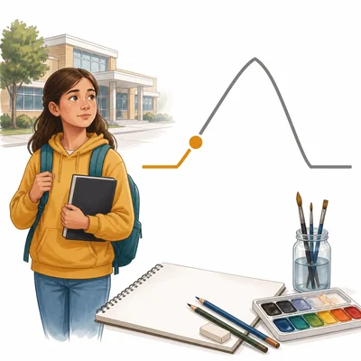 A new student near a school and art supplies with the beginning of a plot arc highlighted.