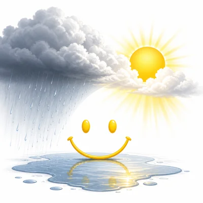 A smile shown with sunshine appearing after rain.