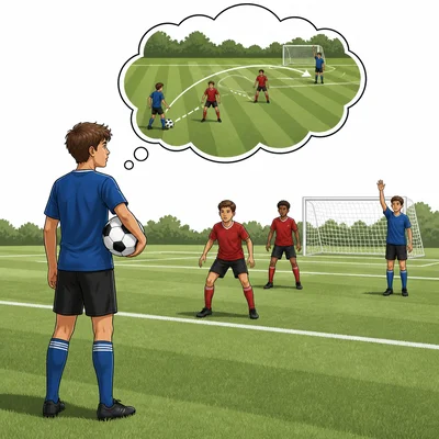 A soccer player with the ball has a thought bubble about passing while other players have no thought bubbles.