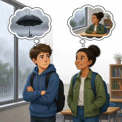 Two students in a rainy classroom, each with a visible thought bubble showing their private thoughts.