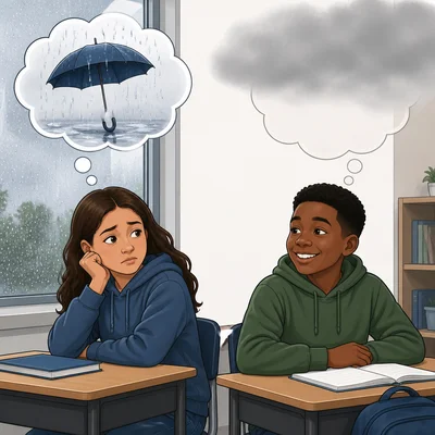 A rainy classroom scene where only one student’s thought bubble is visible and another student’s thoughts are hidden.