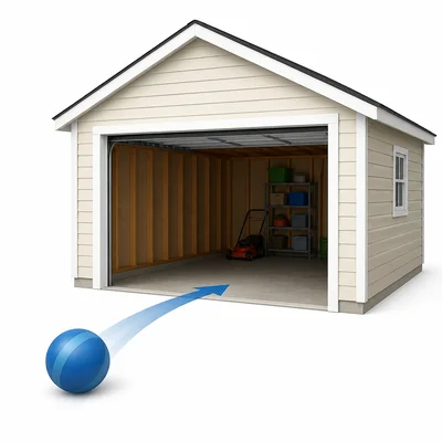 A ball rolling into an open garage.