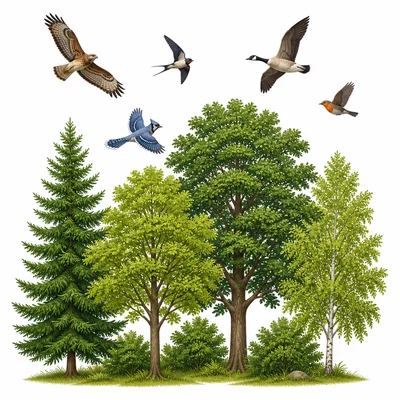Birds flying above a group of trees.
