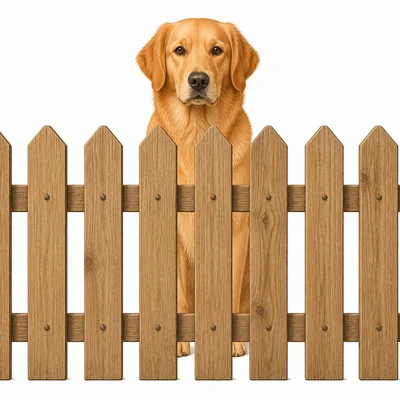 A dog behind a wooden fence.