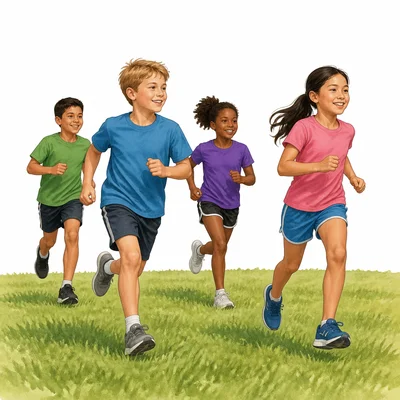 Children running across a grassy field.