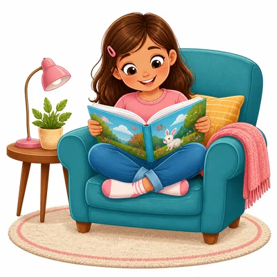 A girl reading a book in a chair.