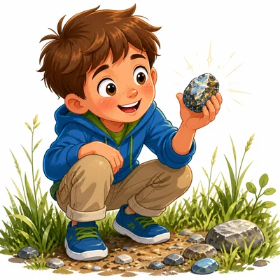 A boy finding a shiny rock.