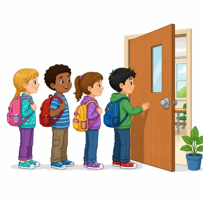 Children lined up at a door.