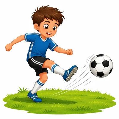 A boy kicking a soccer ball.