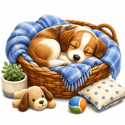 A puppy sleeping in a basket.
