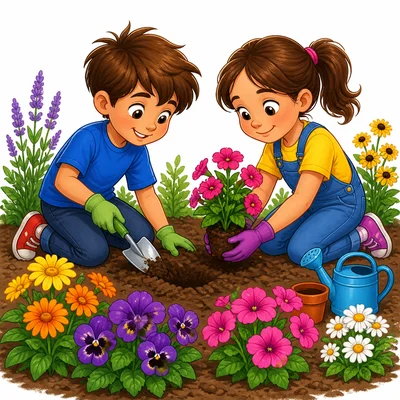 Two children planting flowers together.