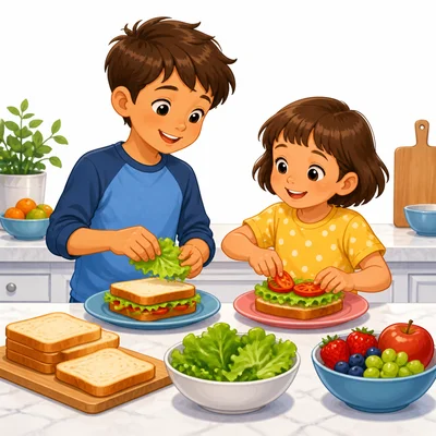 Two siblings making lunch together.