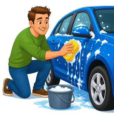 A dad washing a car with a sponge.